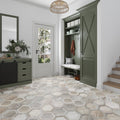Beige matte hexagon porcelain tile with wood-look texture installed on floor