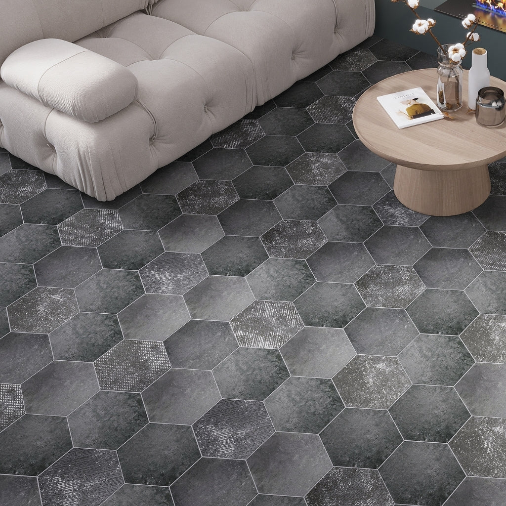 Charcoal Gray 9x11 Matte Hexagon Porcelain Tile (16 pack, 8.07 sq ft/case)