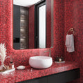 Ruby red glossy glass mosaic square tiles, 12x12, installed on bathroom vanity backsplash and walls