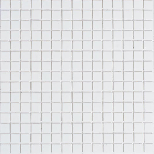 Off-white 12x12 glossy glass mosaic tile with uniform small square patterns on mesh backing
