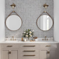 light beige and soft gray polished marble basketweave mosaic tile on bathroom wall