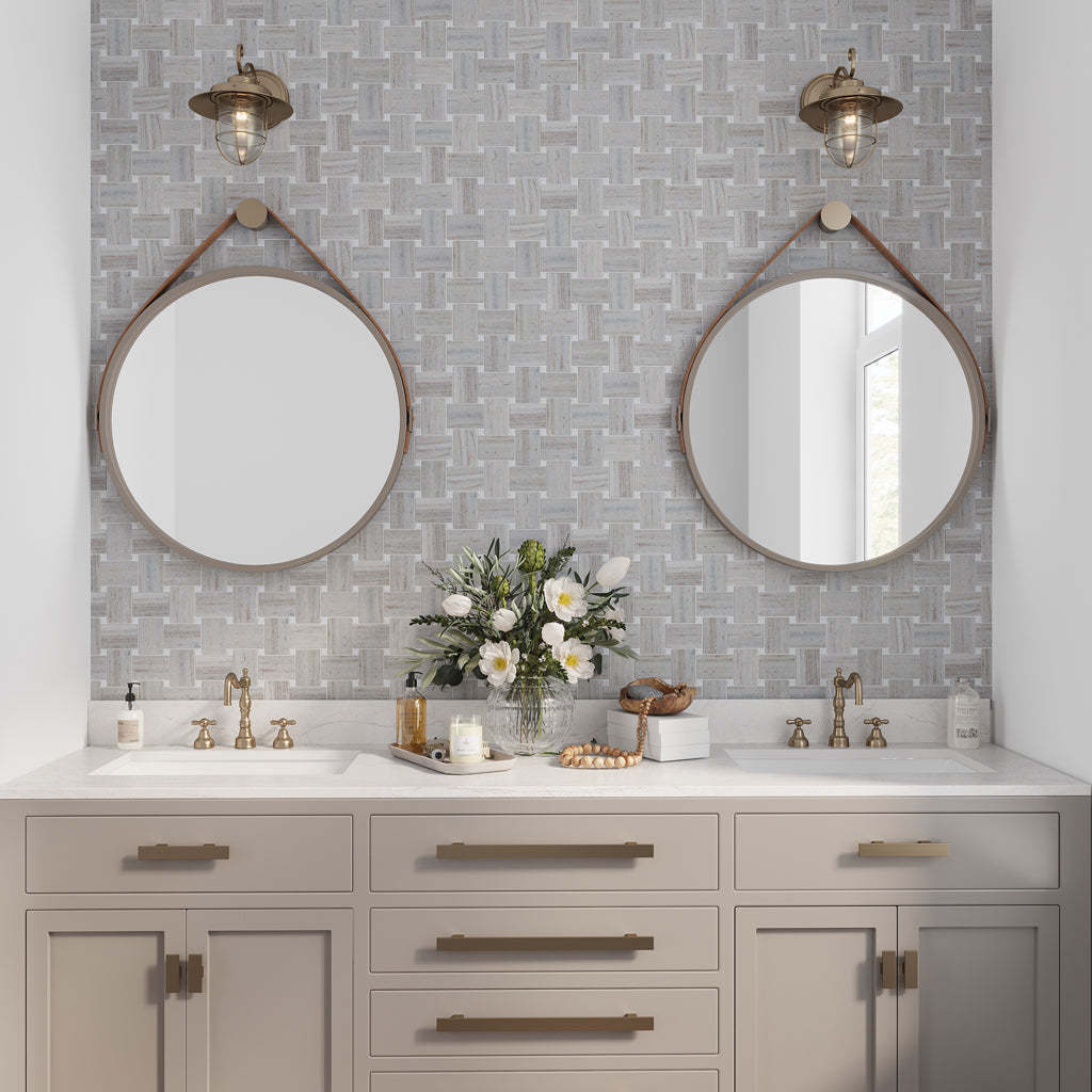Light Beige with Soft Gray 11x11 Polished Basketweave Marble Mosaic Tile (5 pack, 4.13 sq ft/case)
