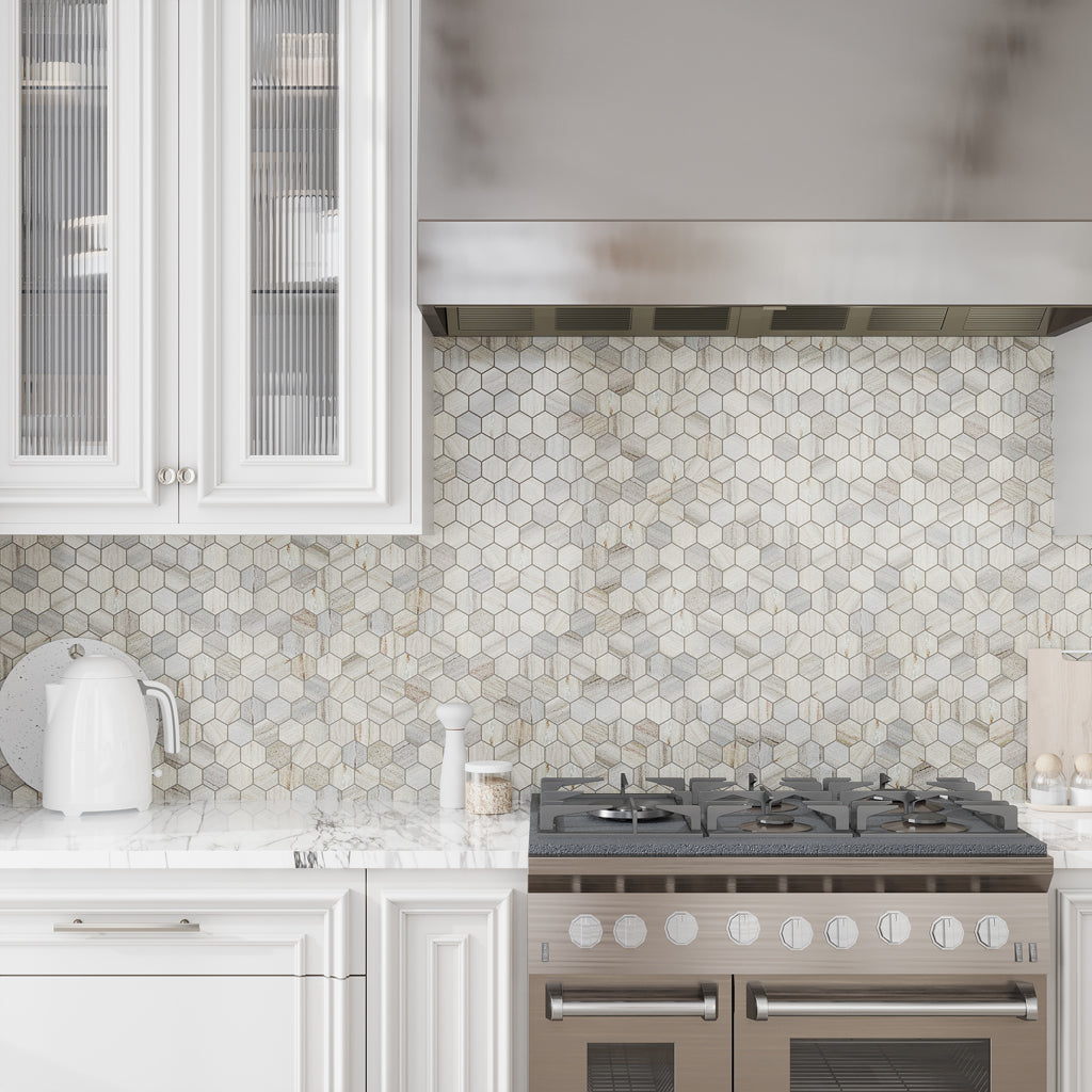 Soft White with Beige 12x12 Polished Hexagon Marble Mosaic Tile (5 pack, 4.83 sq ft/case)