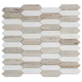 Warm beige and white polished marble mosaic tile in elongated picket shape, 12x12 inches