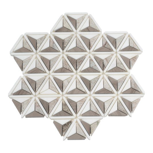 Mirage 12x12 Warm Beige White Marble Mosaic 3D Pyramid Wall and Floor Tile (5 Pack, 4.92 sq ft/case)
