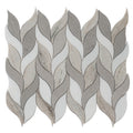 Polished leaf-shaped mosaic tiles in white, gray, and beige tones