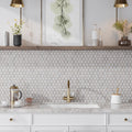 polished crystal sand and thassoss white octagon marble mosaic tile backsplash