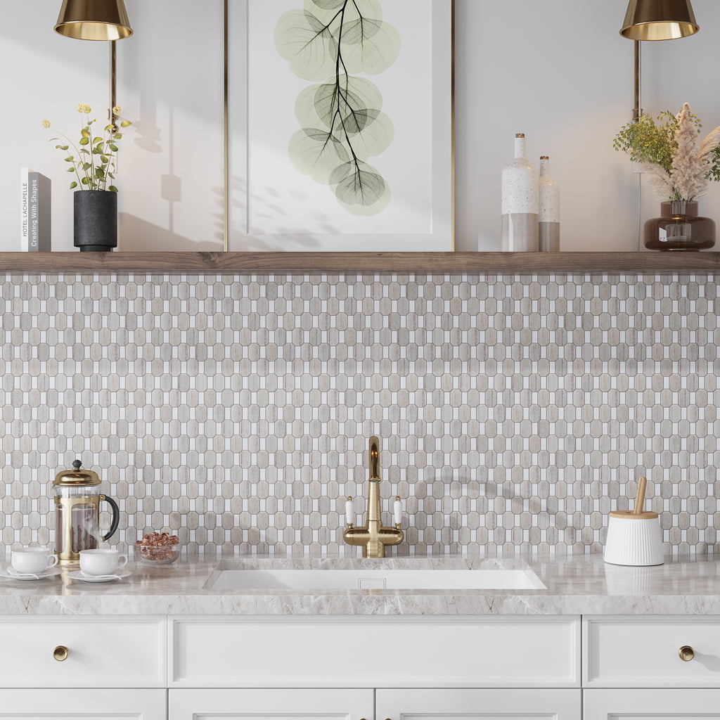 Warm Beige with Bright White 12x13 Polished Geometric Marble Mosaic Tile (5 pack, 5.59 sq ft/case)