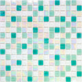 Glossy white and green glass mosaic tile sheet with iridescent and solid square patterns