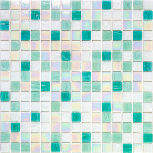 Glossy white and green glass mosaic tile sheet with iridescent and solid square patterns
