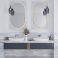 polished blue ceramic subway tile 2.58x8 inch installed as bathroom wall