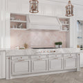 Polished pink ceramic subway tiles 2.58 x 8 inches installed as kitchen backsplash