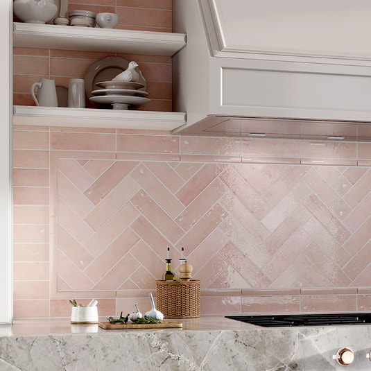 Polished pink ceramic subway tile backsplash 2.58 in. x 8 in. installed in the kitchen