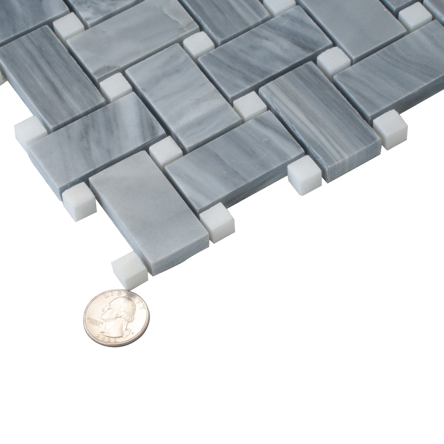 Sample - Porpoise Gray 12x12 Polished Bardiglio Nuvolato, Eastern White Marble Basketweave Mosaic tile (5 pack, 5 sq ft/case)