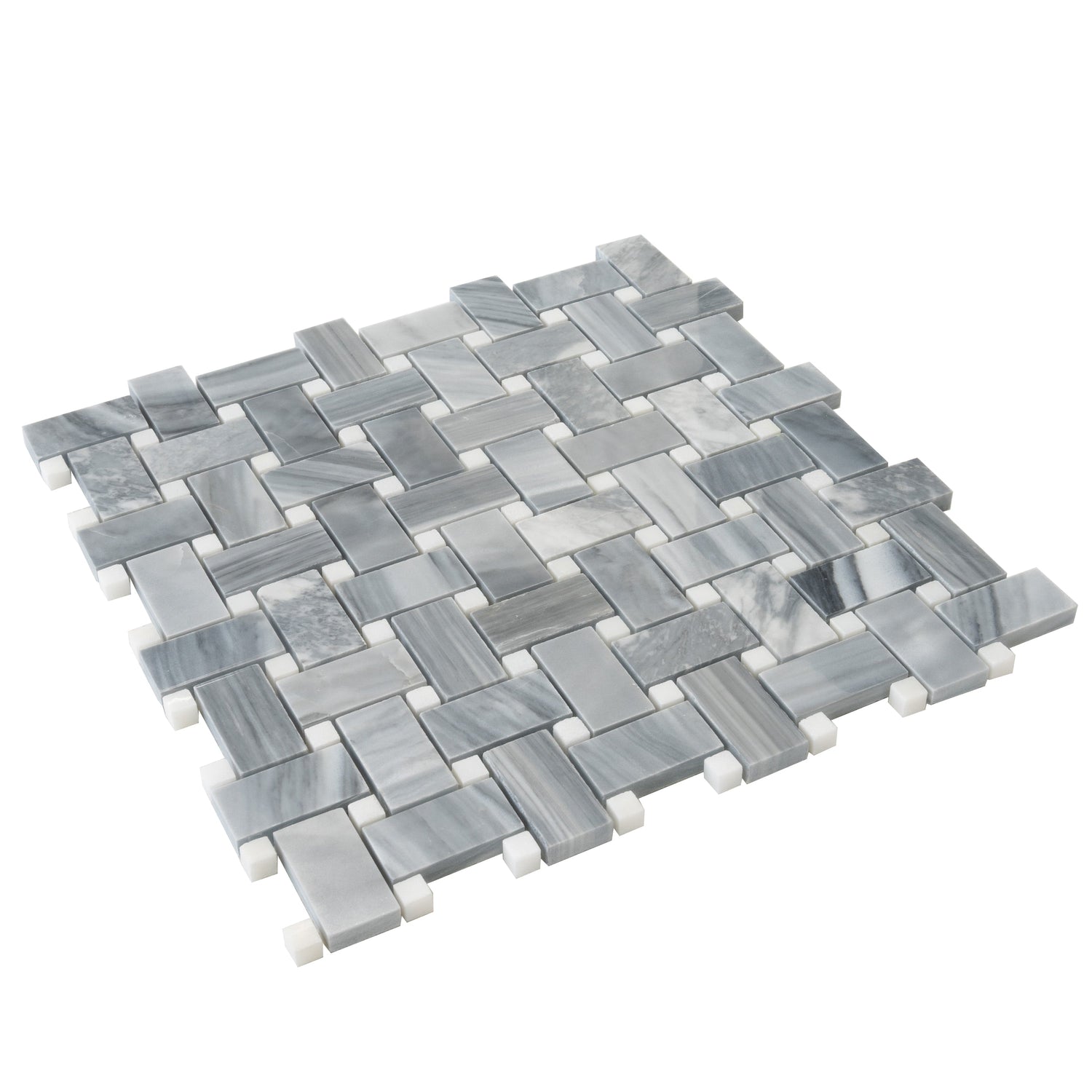 Sample - Porpoise Gray 12x12 Polished Bardiglio Nuvolato, Eastern White Marble Basketweave Mosaic tile (5 pack, 5 sq ft/case)