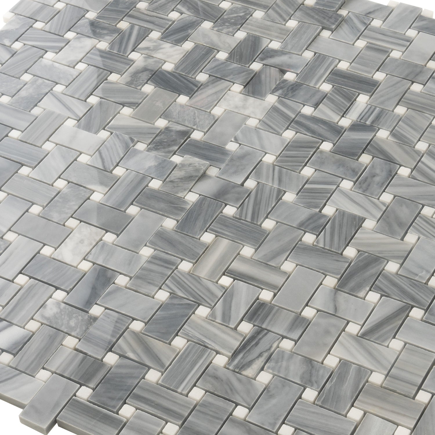 Sample - Porpoise Gray 12x12 Polished Bardiglio Nuvolato, Eastern White Marble Basketweave Mosaic tile (5 pack, 5 sq ft/case)
