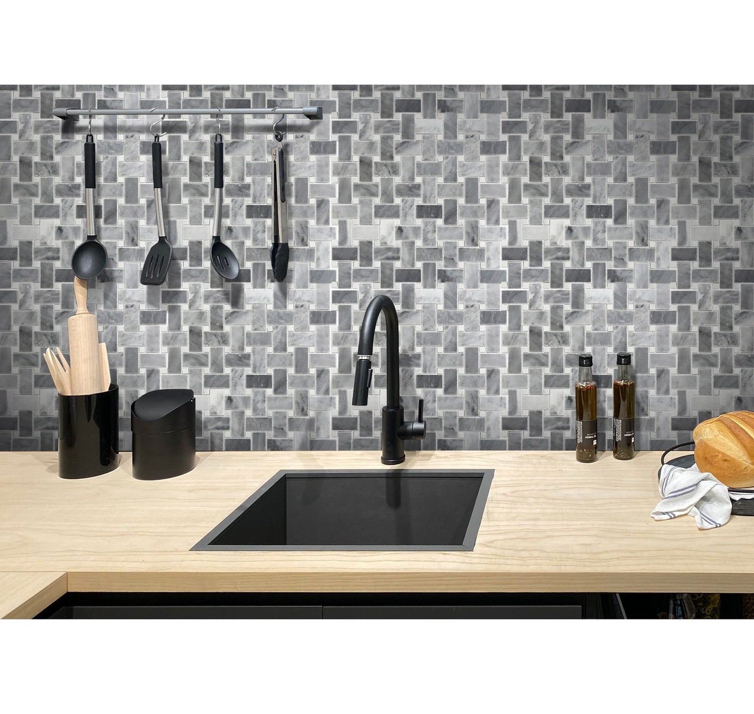 Sample - Porpoise Gray 12x12 Polished Bardiglio Nuvolato, Eastern White Marble Basketweave Mosaic tile (5 pack, 5 sq ft/case)