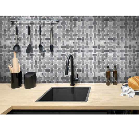 Sample-Porpoise Gray 12x12 Polished Bardiglio Nuvolato, Eastern White Marble Basketweave Mosaic tile (5 pack, 5 sq ft/case)