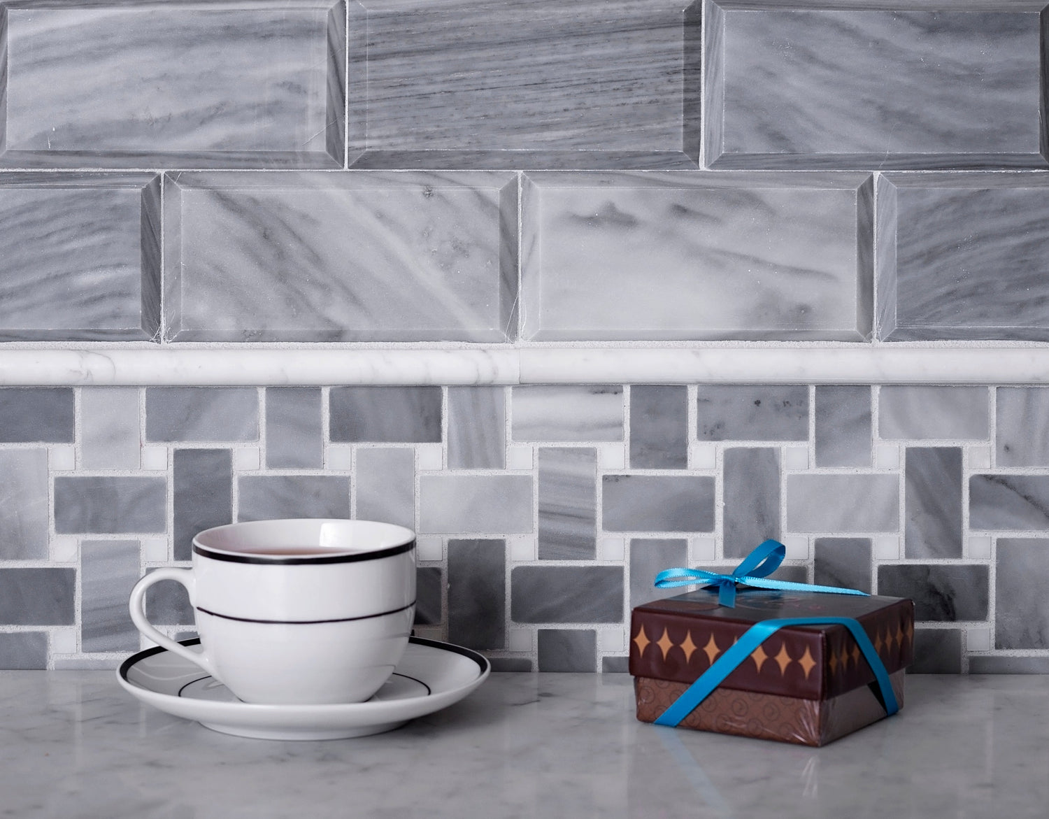Sample - Porpoise Gray 12x12 Polished Bardiglio Nuvolato, Eastern White Marble Basketweave Mosaic tile (5 pack, 5 sq ft/case)