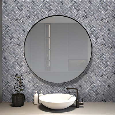 Gray polished basketweave marble mosaic tile, 11x11, installed on bathroom wall