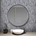 Gray polished basketweave marble mosaic tile, 11x11, installed on bathroom wall