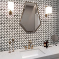 Polished Bardiglio Nuvolato marble basketweave mosaic tile in gray and white on bathroom wall