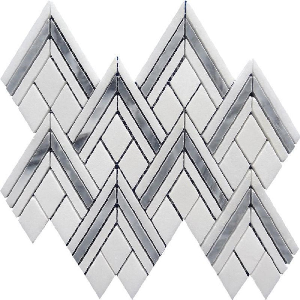 Gray White 9x10 Polished Herringbone Marble Mosaic Tile (5 pack, 2.99 sq ft/case) - Sample