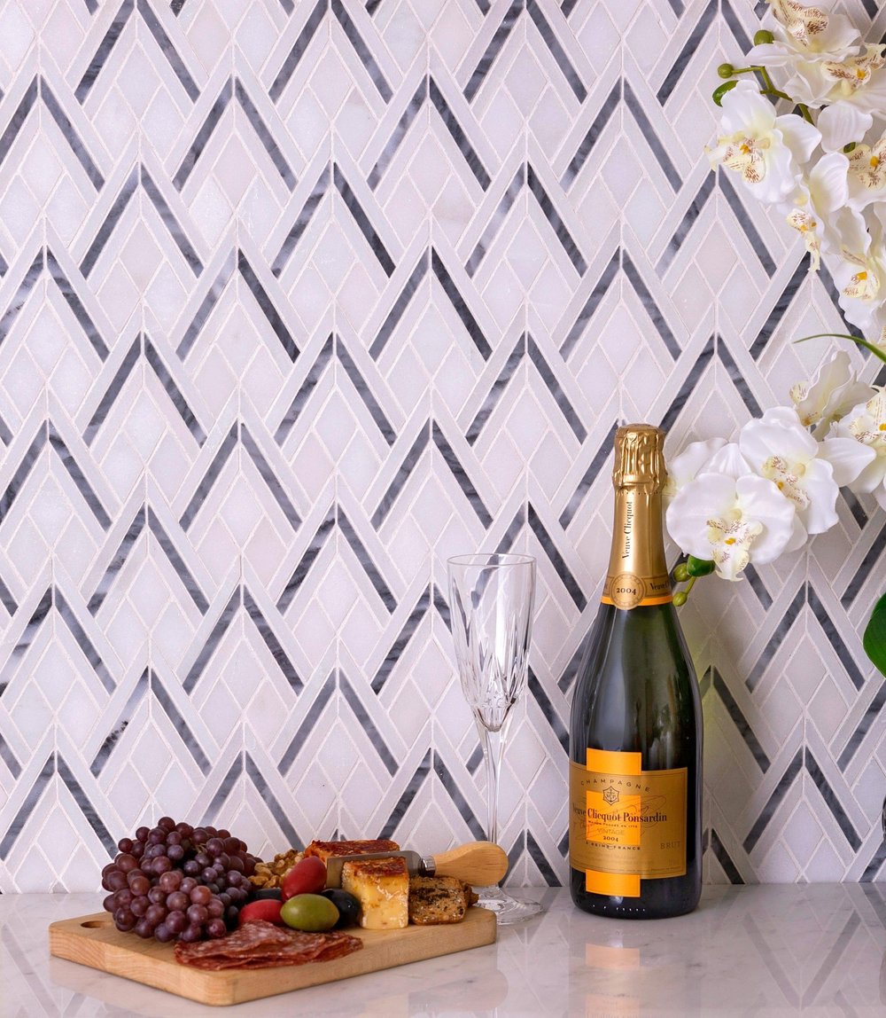 Gray White 9x10 Polished Herringbone Marble Mosaic Tile (5 pack, 2.99 sq ft/case) - Sample