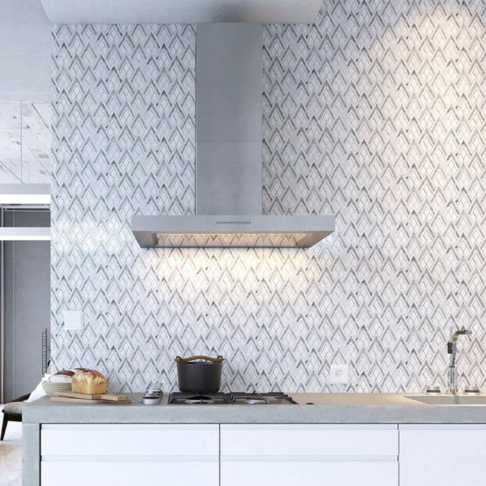 Gray White 9x10 Polished Herringbone Marble Mosaic Tile (5 pack, 2.99 sq ft/case) - Sample