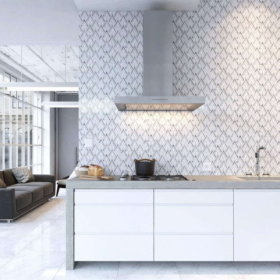 Gray White 9x10 Polished Herringbone Marble Mosaic Tile (5 pack, 2.99 sq ft/case) - Sample