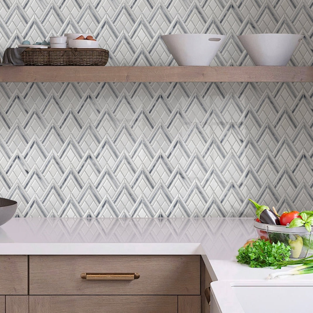Gray White 9x10 Polished Herringbone Marble Mosaic Tile (5 pack, 2.99 sq ft/case) - Sample