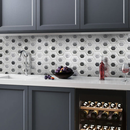 Gray White 11x13 Polished Hexagon Marble Mosaic Tile (5 pack, 5.15 sq ft/case) - Sample
