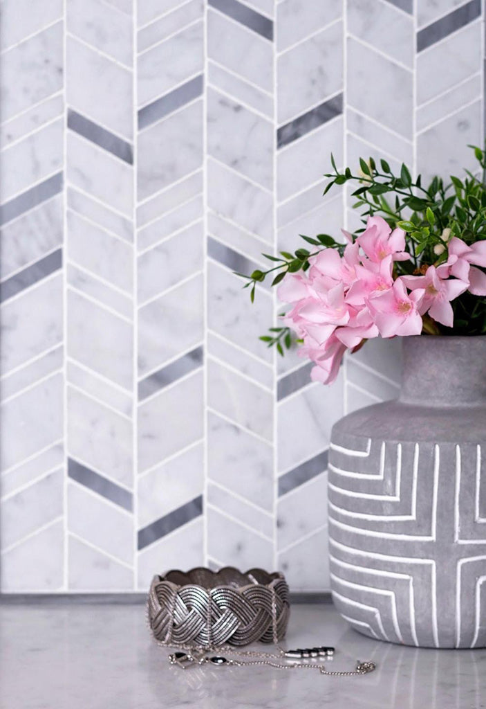 White Gray 11x13 Polished Herringbone Marble Mosaic Tile (5 pack, 4.95 sq ft/case) - Sample