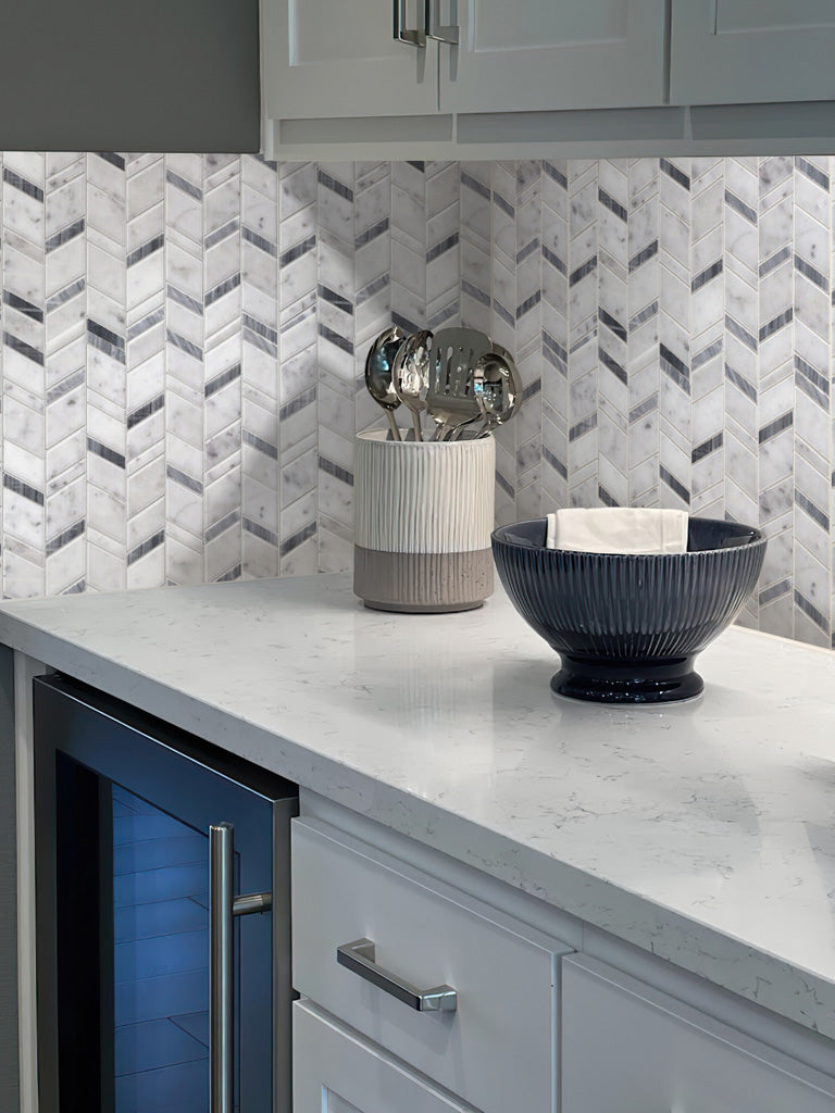 11x13 White and Gray Herringbone Polished Marble Mosaic Tile