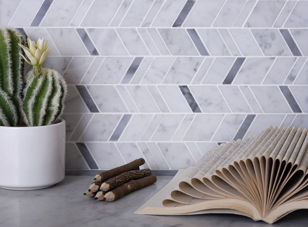 White Gray 11x13 Polished Herringbone Marble Mosaic Tile (5 pack, 4.95 sq ft/case) - Sample