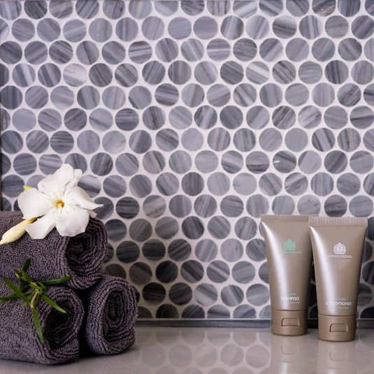 Gray polished Bardiglio Nuvolato penny round marble mosaic tile on bathroom backsplash