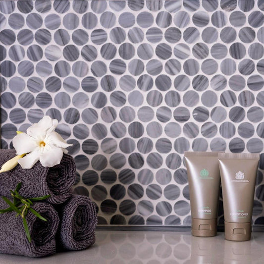 Gray polished Bardiglio Nuvolato penny round marble mosaic tile on bathroom backsplash