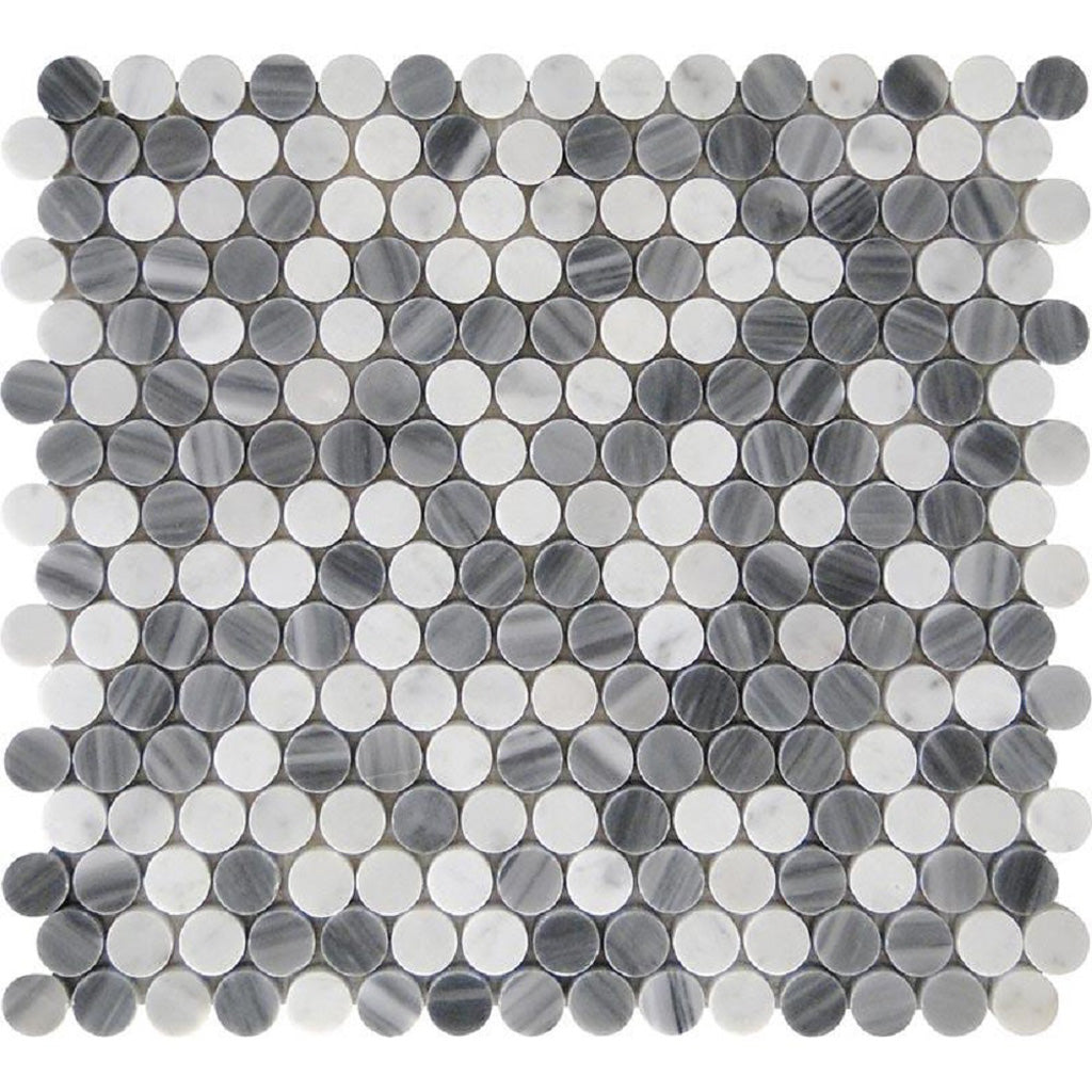 5 pack White and Gray 11.3 in. x 12.3 in. Penny Round with Dot Polished Marble Mosaic Tile (4.83 sq ft/case) - Sample