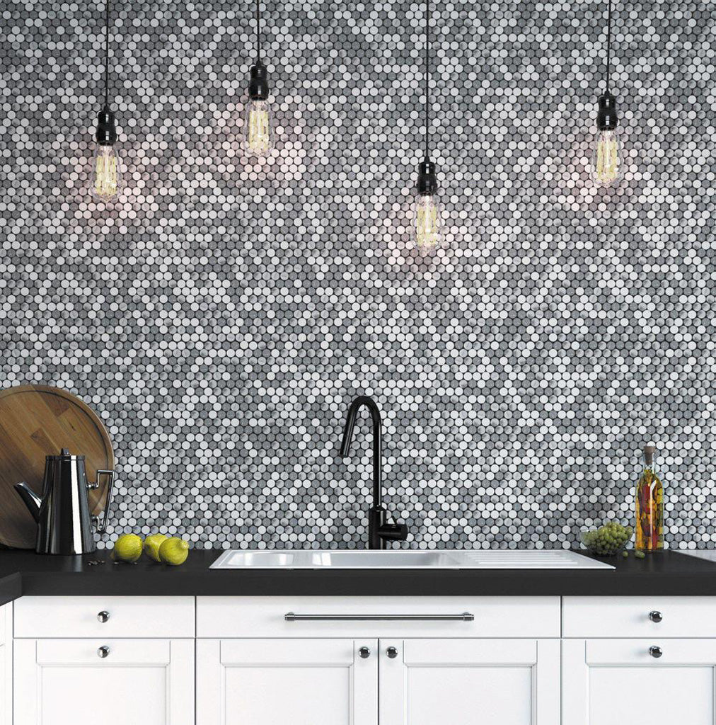 5 pack White and Gray 11.3 in. x 12.3 in. Penny Round with Dot Polished Marble Mosaic Tile (4.83 sq ft/case) - Sample