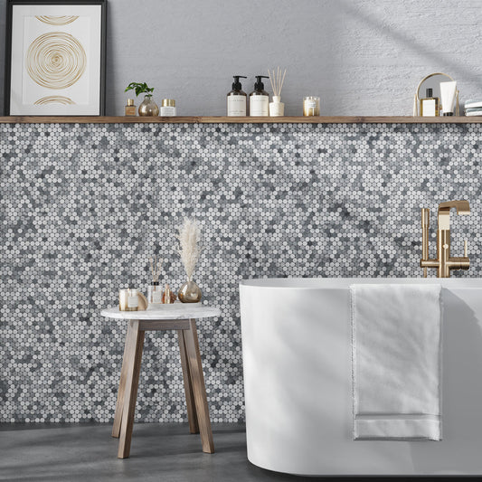 White Gray 11x12 Polished Penny Round Marble Mosaic Tile (5 pack, 4.83 sq ft/case) - Sample