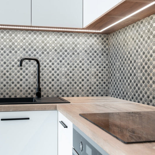 12x12 White and Gray Polished Penny Tiles