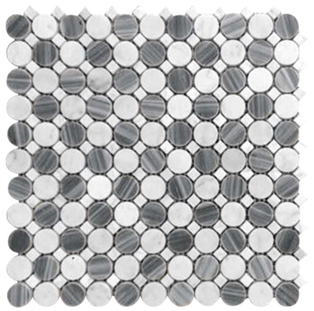 12x12 White and Gray Penny Round Mosaic Tile