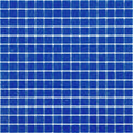 Glossy cerulean blue square glass mosaic tiles in uniform 12x12 inch sheet with white grout lines