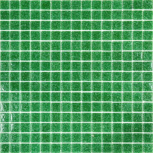 Glossy sea green 12x12 inch square glass mosaic tile sheet with textured surface and white grout lines