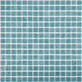 Glossy blue-green glass mosaic tile sheet with uniform 12x12 square tiles and textured surface
