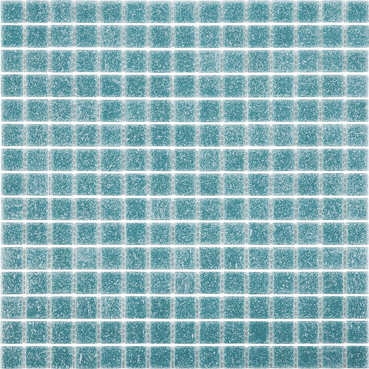 Glossy blue-green glass mosaic tile sheet with uniform 12x12 square tiles and textured surface