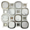 Polished glossy cloud white Bianco Carrara marble mosaic tile with silver octagon and square accents