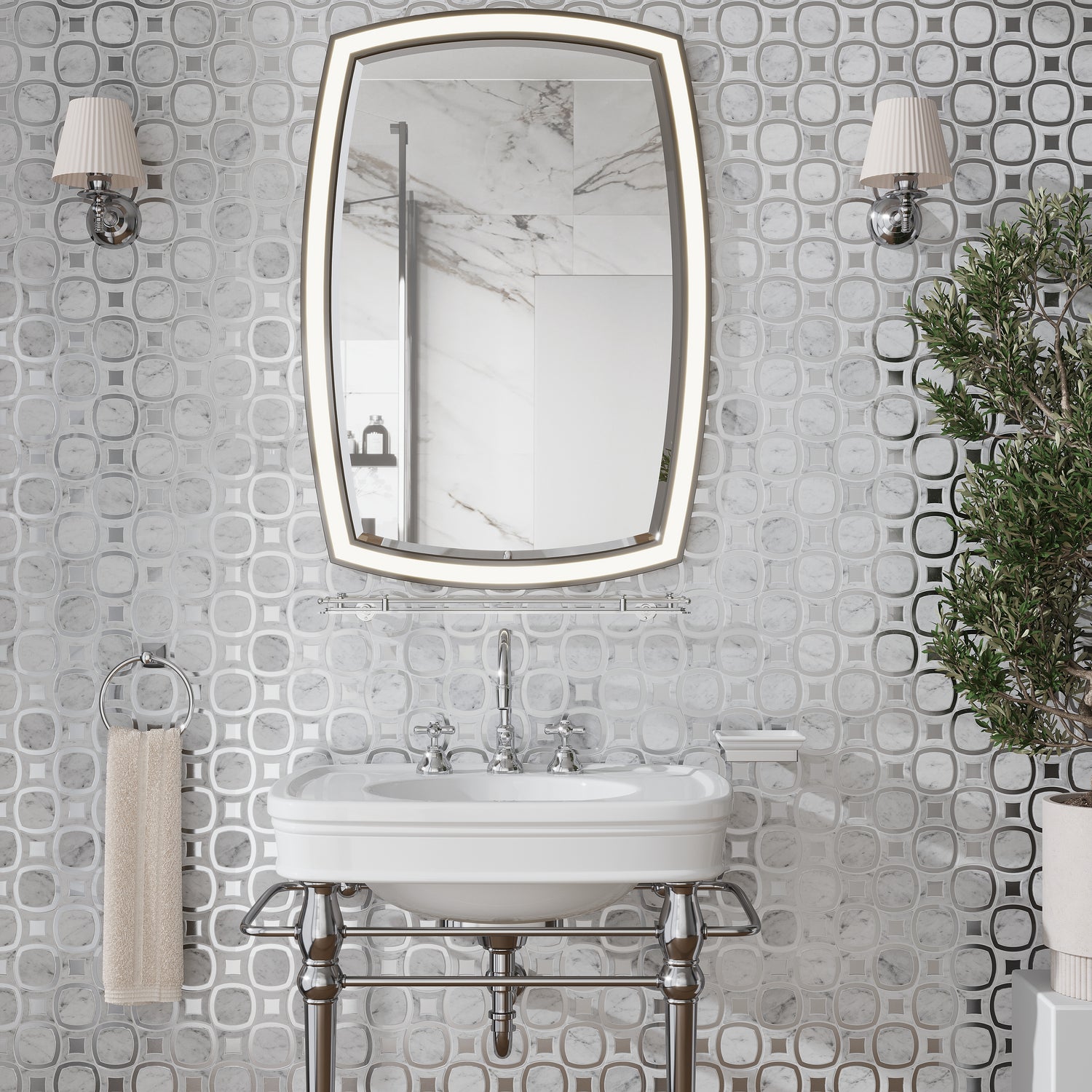Sample - Cloud White Silver 11x11 Polished Glossy Octagon Bianco Carrara Glass Marble Mosaic Tile (5 pack, 4.51 sq ft/case)