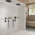 White polished honed ceramic subway tiles 2.5x8 inches installed on shower walls
