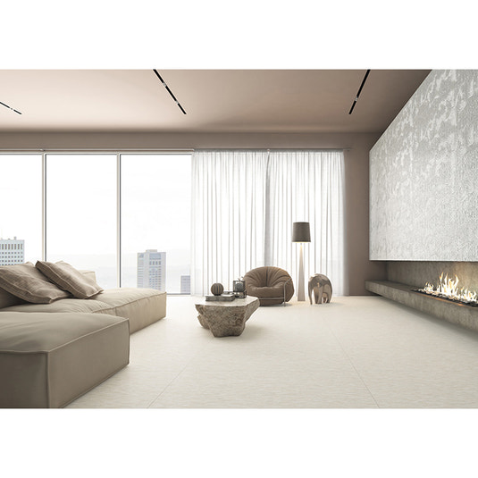 Beige textured large format porcelain tile, 24x48 inches, installed on floor in modern interior